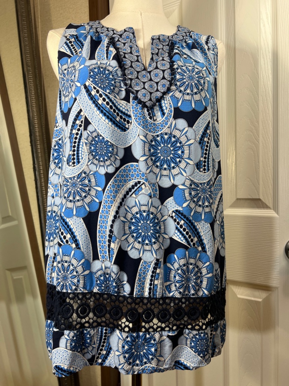 crown & ivy Navy Blue and Light Blue Printed Sleeveless Blouse